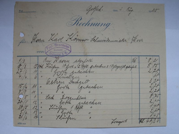 Paul Drechsler, Bäckerei Grosskundorf, Rechnung 1925, #15/2