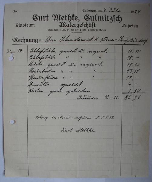 Curt Methke Culmitzsch, Malergeschäft, Rechnung 1929, #15/2