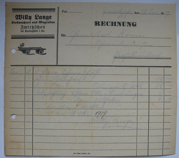 Willy Lange Zwirtzschen, Stellmacherei und Wagenbau, Rechnung 1929, #15/2