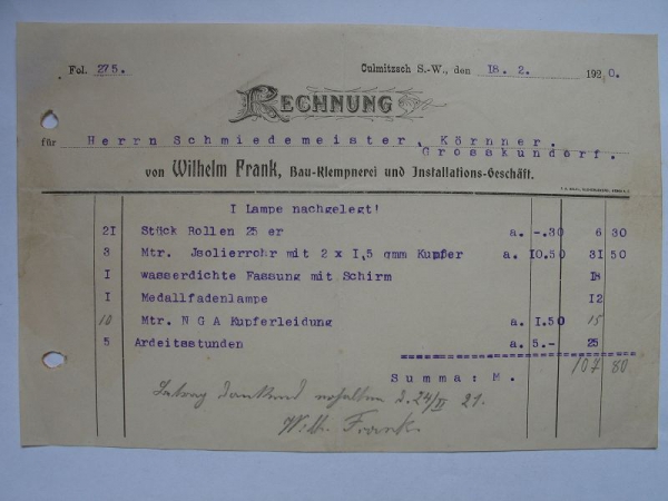 Wilhelm Frank, Bau-Klempnerei und Installationsgeschäft, Culmitzsch, Rechnung 1920, #15/1