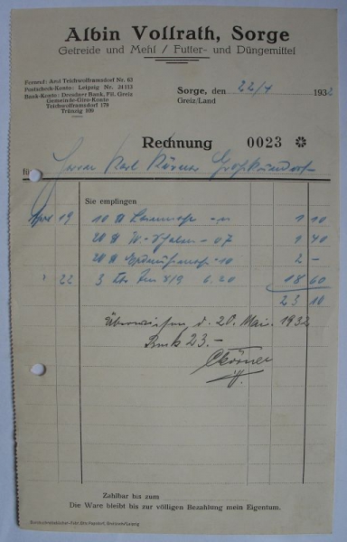Albin Vollrath Sorge, Getreide, Mehl, Futter- und Düngemittel, Rechnung 1932, #15/2