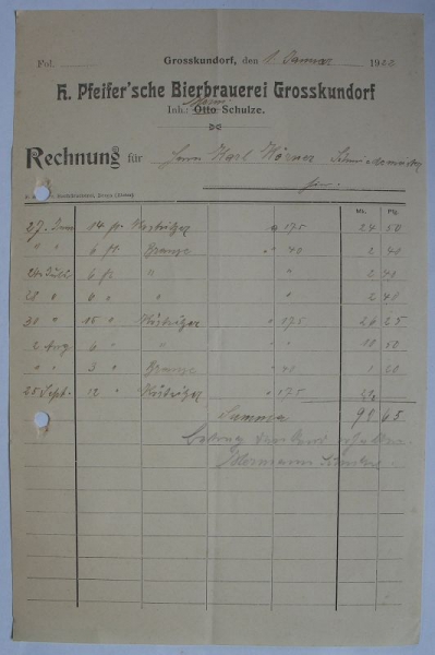 H. Pfeifer'sche Brauerei Grosskundorf, Inhaber H.Schulze, 1922, #15/2