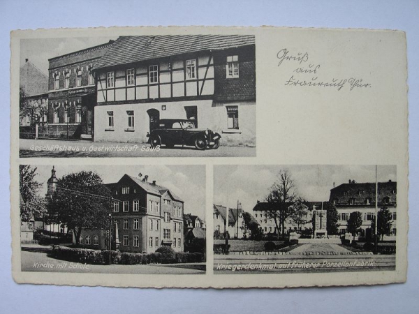 Gruß aus Fraureuth, Gastwirtschaft und Materialwaren Olga Sauß, Porzellanfabrik