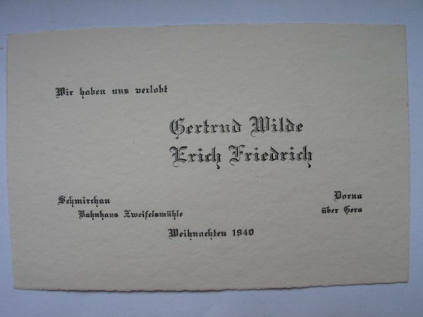 Gertrud Milde und Erich Friedrich, Schmirchau, Zweifelsmühle, Dorna, 1940