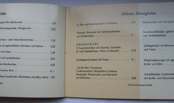Speisekarte KaDeWe Berlin, Silberterrasse, schätze 60-er Jahre