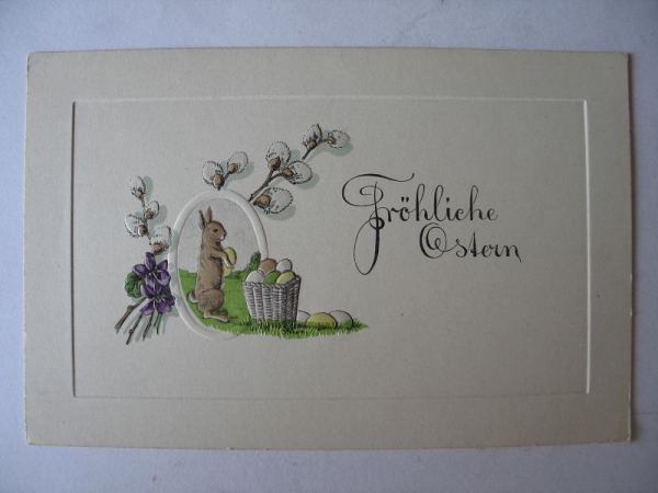 Postkarte Fröhliche Ostern, Prägekarte mit Osterhasen, schätze 20-er Jahre, #150