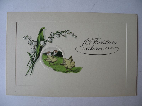 Postkarte Fröhliche Ostern, Prägekarte mit Küken, schätze 20-er Jahre