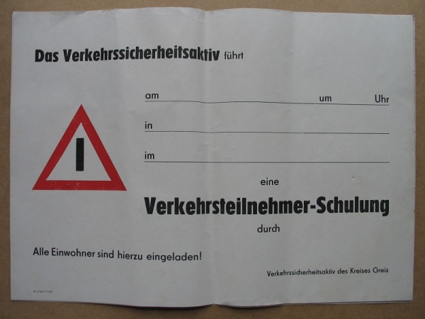 Plakat Verkehrsteilnehmer- Schulung, Kreis Greiz, 1968