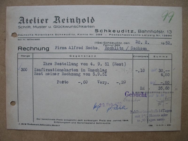 Atelier Reinhold Schkeuditz, Rechnung 1952, #99