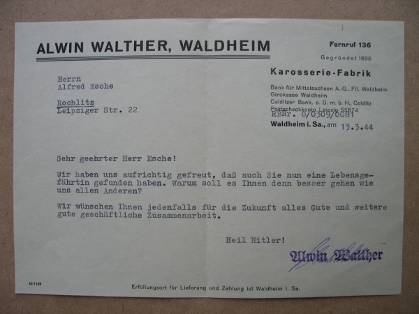Alwin Walther Waldheim, Karosserie- Fabrik., Brief  13.3.1944