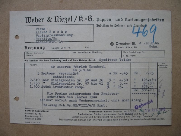 Weber & Niezel KG Lohmen und Krumbach, Rechnung 1946, #469