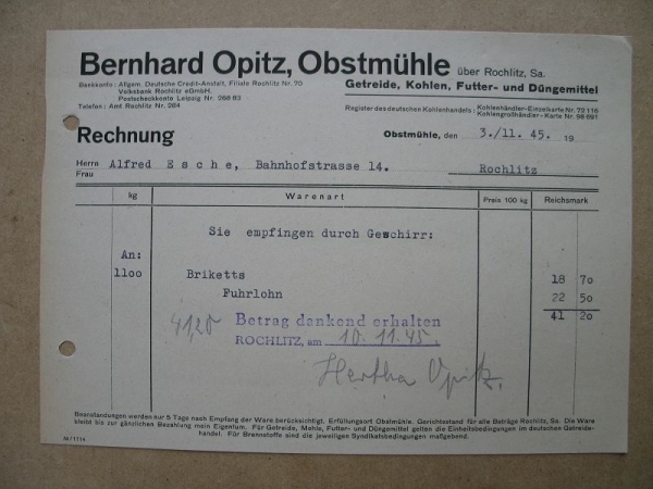 Bernhard Opitz Obstmühle Rochlitz, Rechnung 3.11.1945