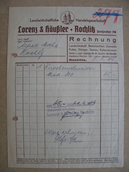 Lorenz & Häußler Rochlitz, Rechnung 1946, 277