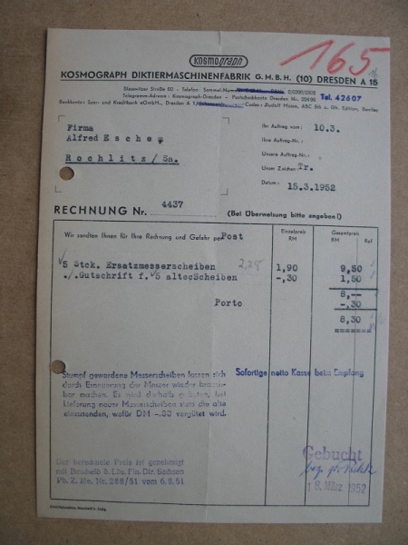 Kosmograph Diktiermaschinenfabrik Dresden, Rechnung 1952, #165