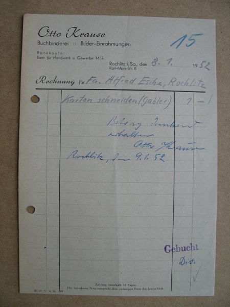 Otto Krause Buchbinderei Rochlitz, Rechnung 1952, #15