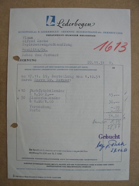 Lederbogen Kunstverlag Chemnitz, Rechnung 1951, #1613