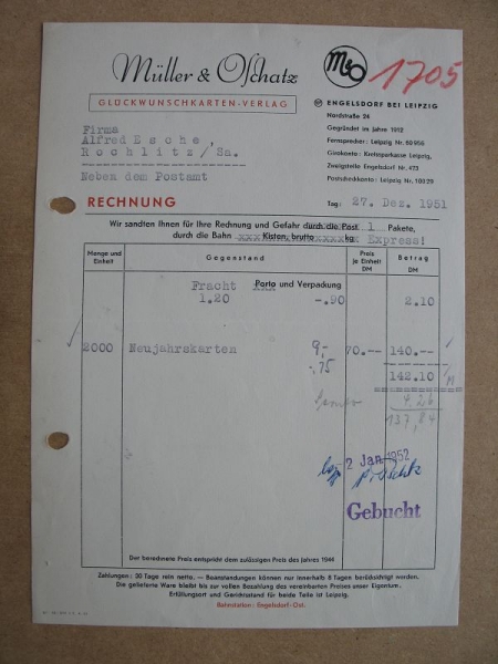 Müller & Oschatz Engelsdorf, Rechnung 1951, #1705