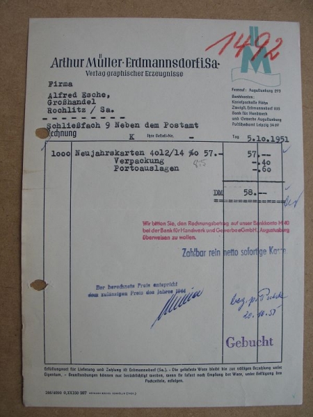 Arthur Müller Erdmannsdorf, Rechnung 1951, #1492