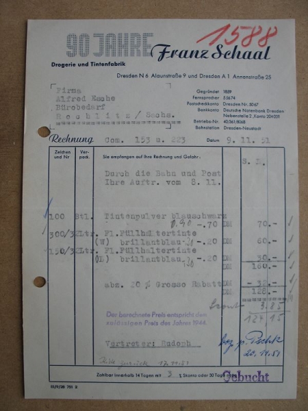 Franz Schaal, Drogerie und Tintenfabrik, Dresden, Rechnung 1951, #1588