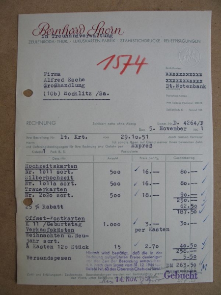 Reinhard Sporn Zeulenroda, Rechnung 1951, #1574