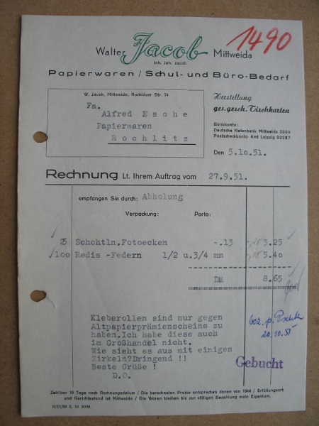 Walter Jacob Mittweida, Papierwaren, Rechnung 1951, #1490