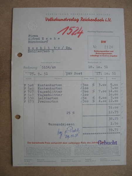 Volkskunstverlag Reichenbach, Rechnung 1951, #1524