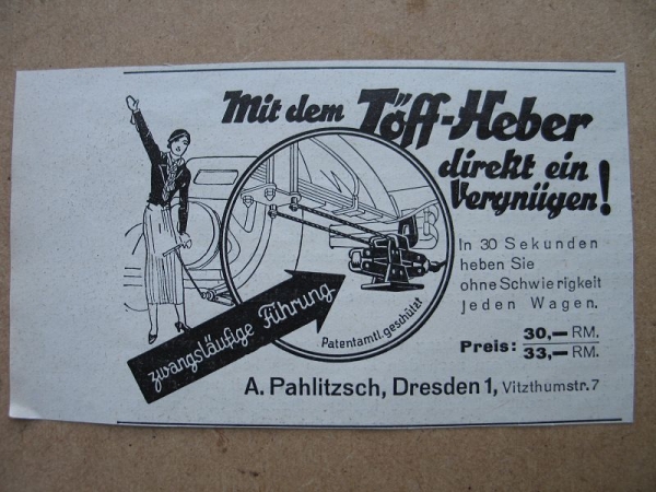 Töff- Heber, A. Pahlitzsch Dresden, Wagenheber, 1937 #1