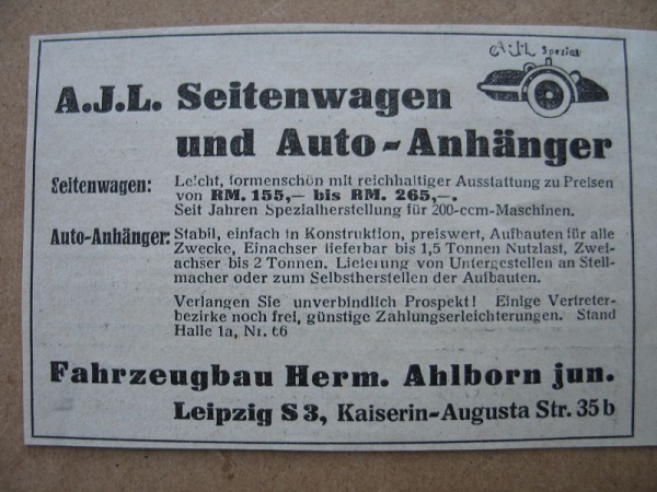 A.J.L. Seitenwagen und Anhänger, Fahrzeugbau Herm. Ahlborn jun. Leipzig, 1937 #1