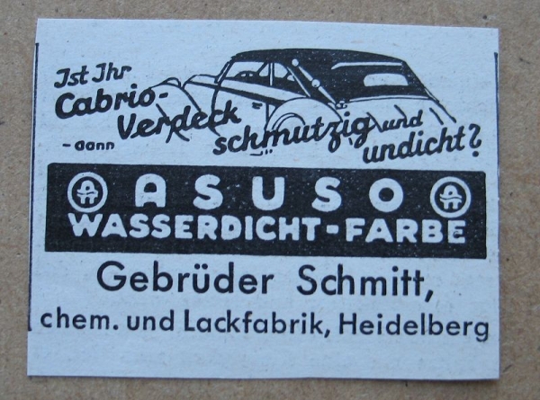 ASUSO Wasserdicht- Farbe, Gebrüder Schmitt Heidelberg, 1937 #1, s/w