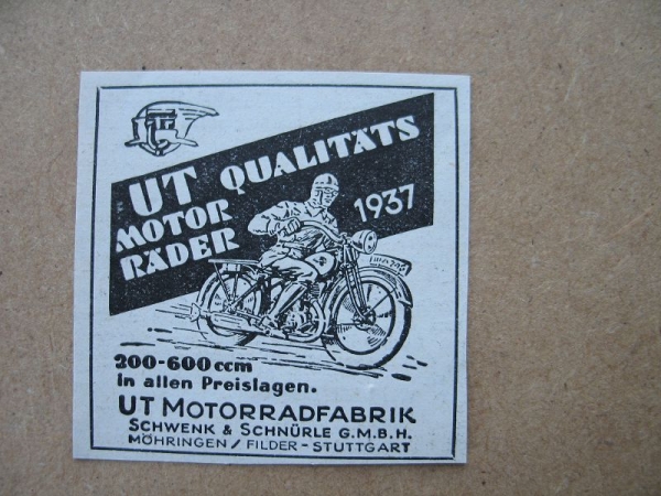 UT Motorradfabrik Schwenk & Schnürle Möhringen/ Filder- Stuttgart, 1937 #1