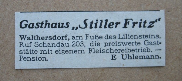 Gasthaus "Stiller Fritz" Walthersdorf, e. Uhlemann, 1937 #1