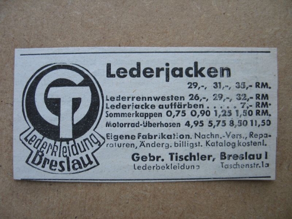 GT Lederbekleidung Breslau, Lederjacken, Gebr. Tischler, 1937 #1