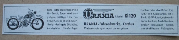 Urania Fahrradwerke Cottbus, Motorrad, 1937 #1