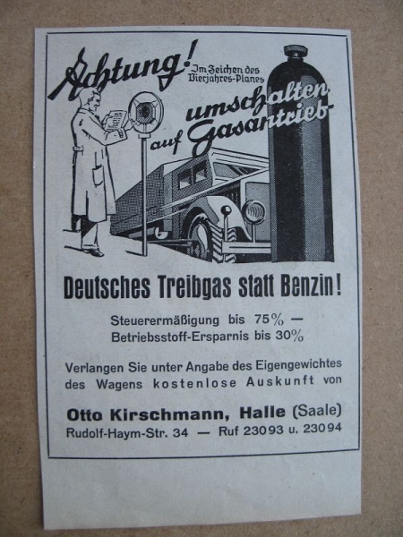 Otto Kirschmann Halle, Gasantrieb, Treibgas, 1937 #1