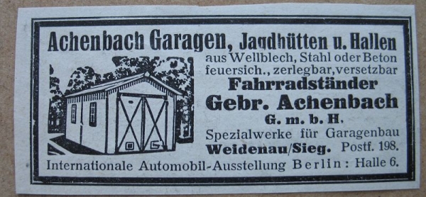 Achenbach Weidenau / Sieg, Garagen, Hallen, Jagdhütten, 1937 #1