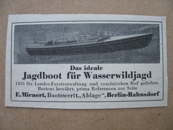 Jagdboot für Wasserwildjagd, E. Mienert Berlin- Rahnsdorf, Bootswerft "Ablage", 1937 #1