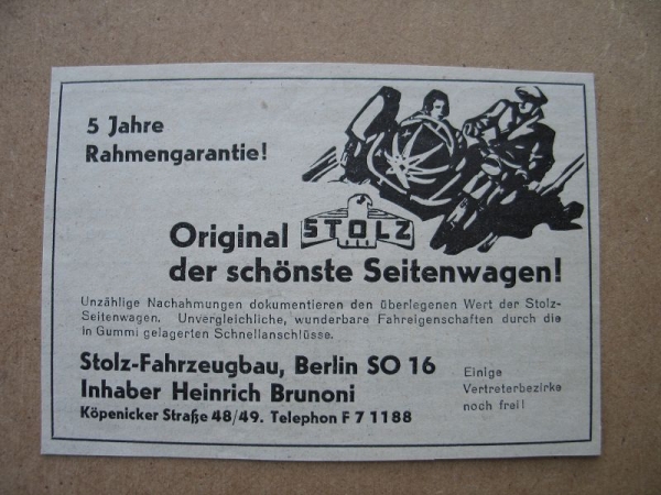 Stolz Seitenwagen, Fahrzeugbau Heinrich Brunoni Berlin, 1937 #1