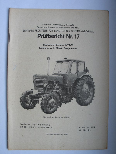 Prüfbericht Radtraktor Belarus MTS-52, Nr. 17, 1967