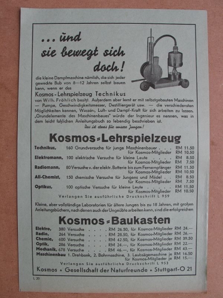 Kosmos Lehrspielzeug, Elektromann, Optikus, Technikus, Radiomann, All- Chemist, Erdglobus, Funkeninduktor