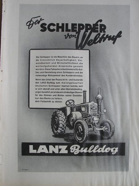 Lanz Bulldog, Der Schlepper von Weltruf, Inserat, 1941