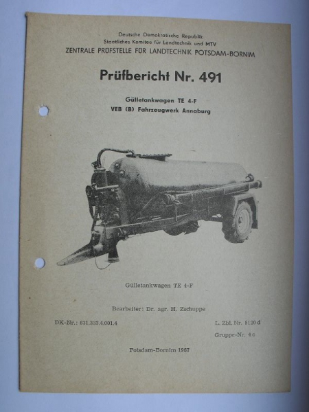 Gülletankwagen TE 4-F, VEB Fahrzeugwerk Annaburg, Nr. 491, 1967