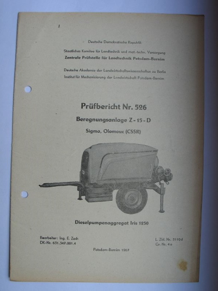 Beregnungsanlage Z-15-D, Sigma Olomouc CSSR, Dieselpumpenaggregat Iris 1250, Nr. 526, 1967