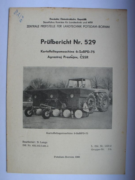 Kartoffellegemaschine 6-SaBPD-75, Agrostroj Prostejov CSSR, Nr. 529, 1968