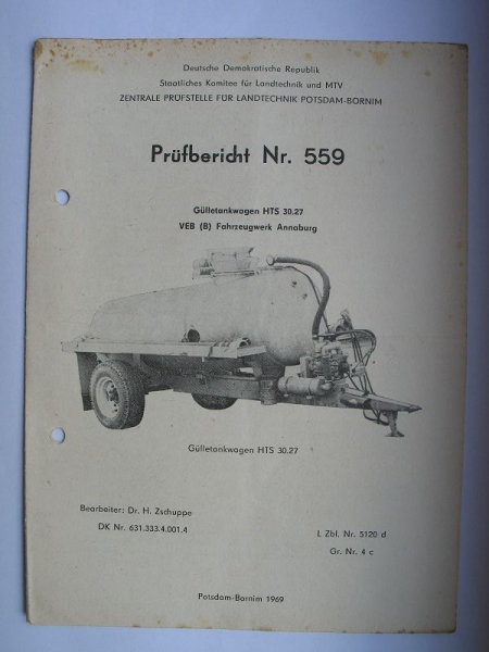 Gülletankwagen HTS 30.27, VEB Fahrzeugwerk Annaburg, Nr. 559, 1969