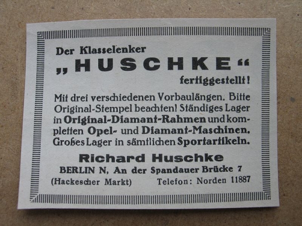 Huschke Fahrradlenker, Richard Huschke Berlin, 1928 #12