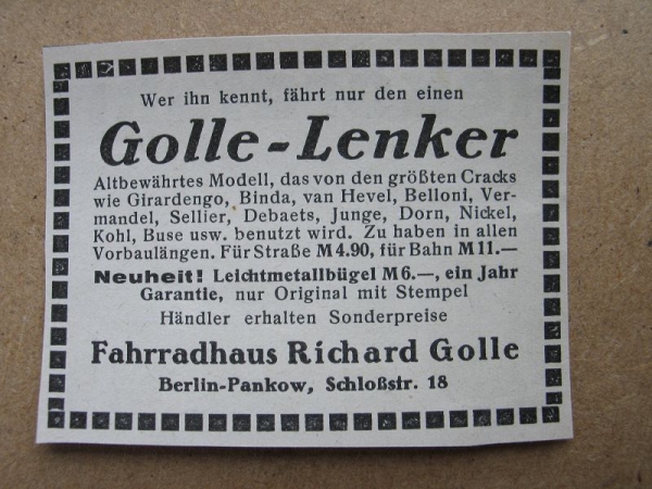 Golle- Lenker, Fahrradhaus Richard Golle Berlin- Pankow, 1928 #12