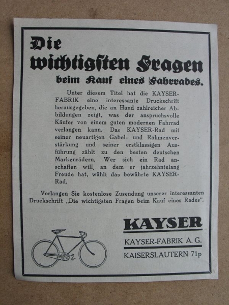 Kayser Fahrräder, Die wichtigsten Fragen, Kayser A.G. Kaiserslautern, 1928 #11