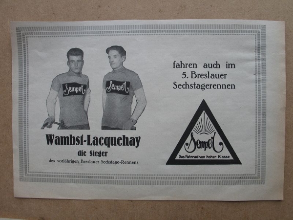 Semper Fahrrad, Sechstagerennen Breslau, Sieger Wambst Lacquehay, 1928 #2