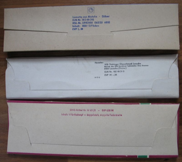 3 Päckchen Lametta, VEB Thüringer Glasschmuck Lauscha und VEB Baumschmuck Steinheid, DDR 70-er Jahre, #1