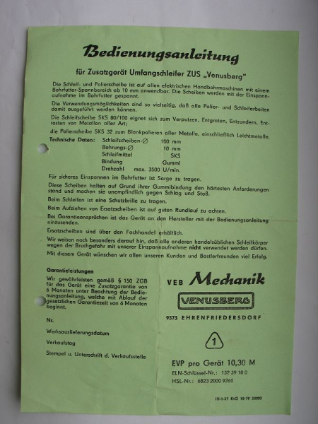 Bedienungsanleitung Stichsäge ZST 250 Venusberg, Abrichthobel Modell ZA 40/ Z und Umfangschleifer ZUS, DDR 70-er Jahre